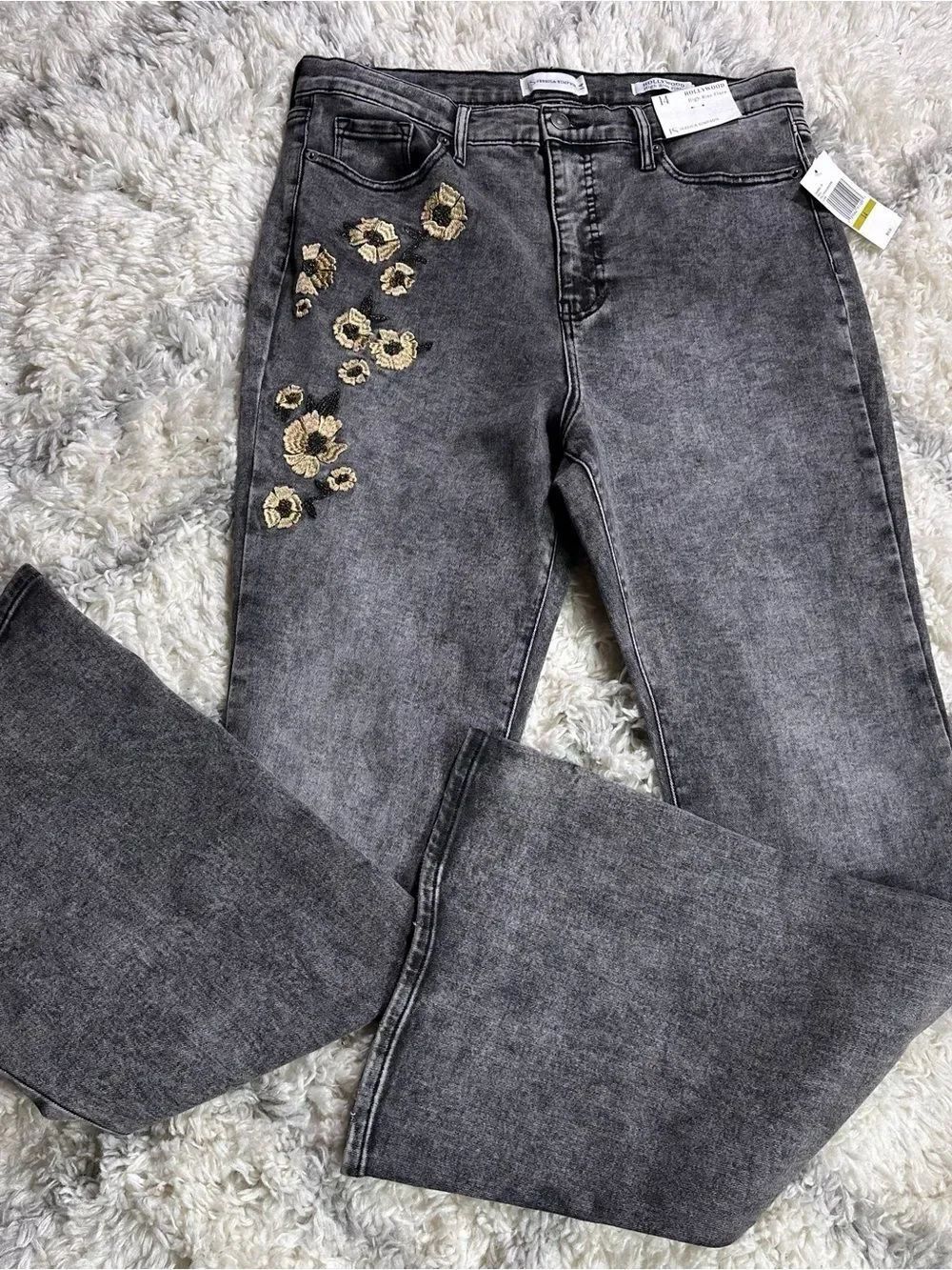 Jessica Simpson High-Rise Gray Jeans with Gold Floral Embroidery
